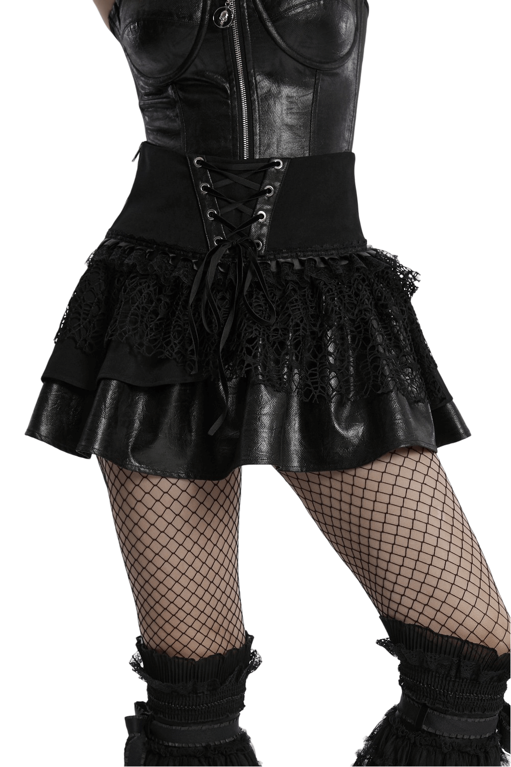 Punk Lace-Up Skirt with Faux Leather and Mesh Detailing