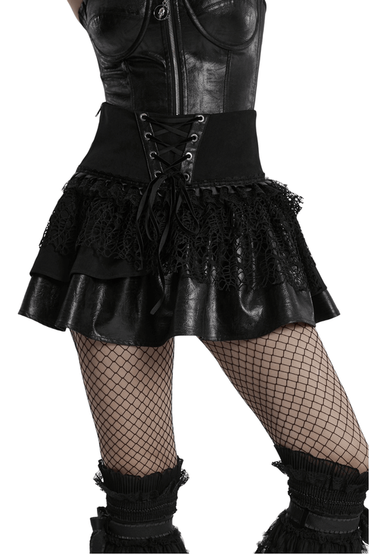 Punk Lace-Up Skirt with Faux Leather and Mesh Detailing