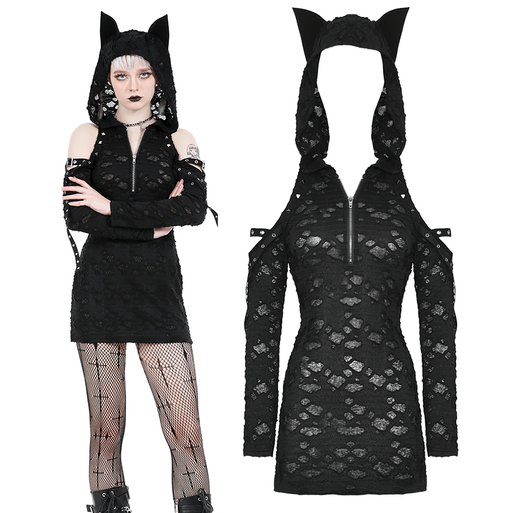 Punk Lace Zip-Up Mini Dress with Hood and Cat Ear