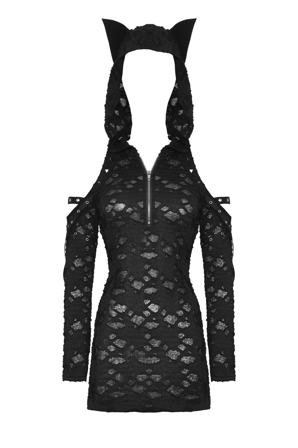 Punk Lace Zip-Up Mini Dress with Hood and Cat Ear