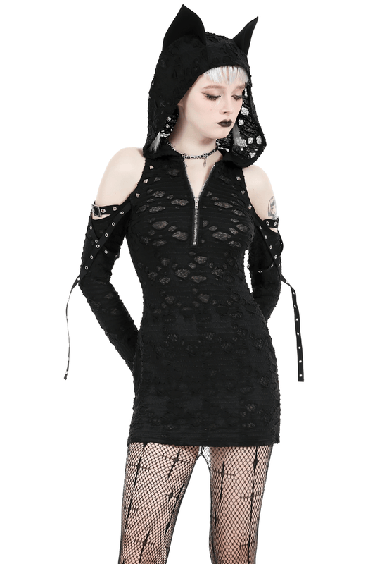 Punk Lace Zip-Up Mini Dress with Hood and Cat Ear