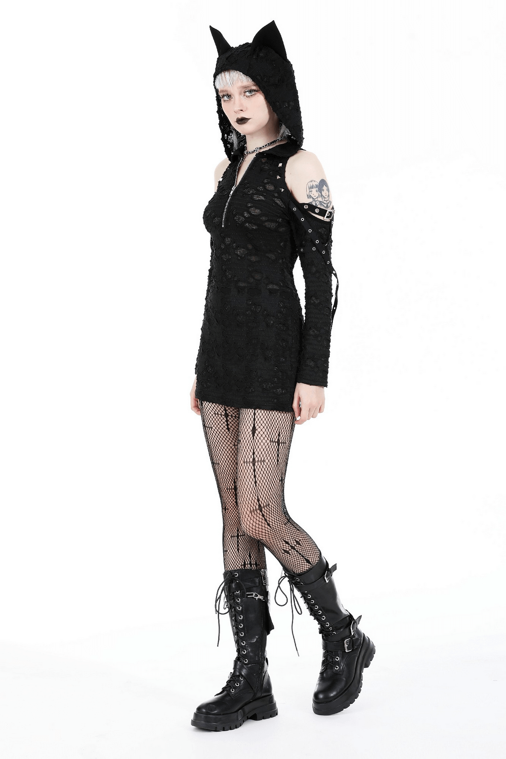Punk Lace Zip-Up Mini Dress with Hood and Cat Ear