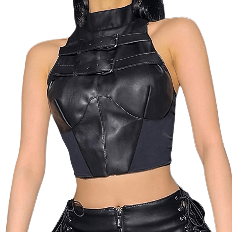 Punk Leather Buckles Up Tank Top / Women's Sleeveless Patchwork Crop Top