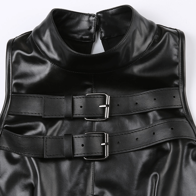 Punk Leather Buckles Up Tank Top / Women's Sleeveless Patchwork Crop Top