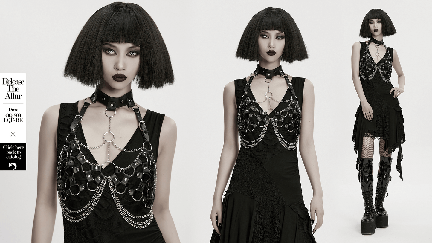 Punk Leather Chest Harness with Chains and Rings