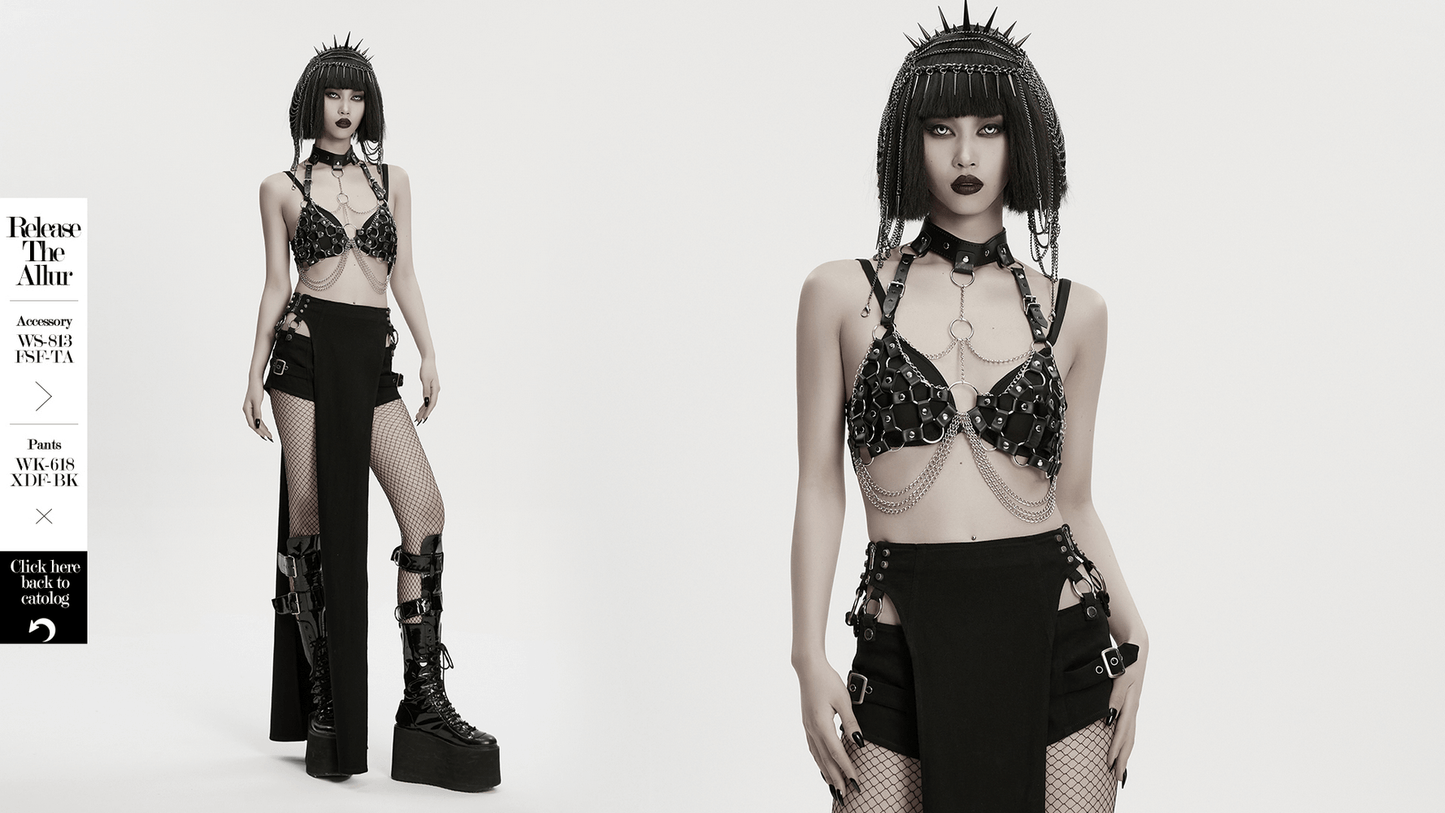 Punk Leather Chest Harness with Chains and Rings