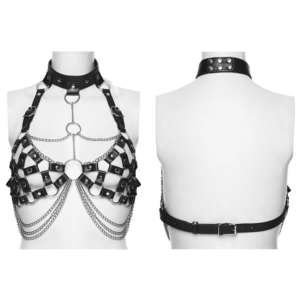 Punk Leather Chest Harness with Chains and Rings