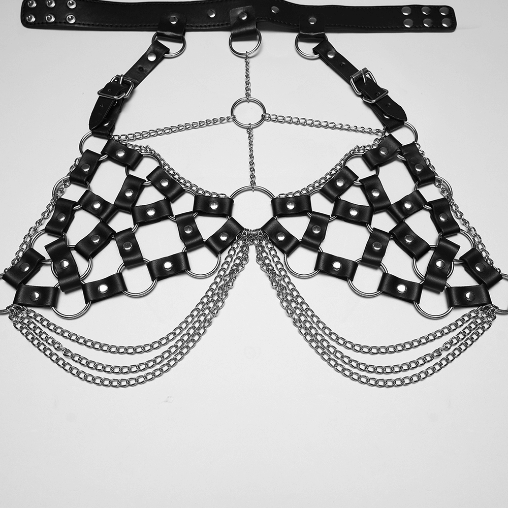 Punk Leather Chest Harness with Chains and Rings