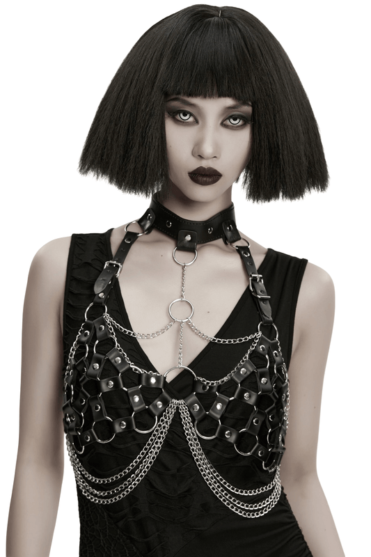 Punk Leather Chest Harness with Chains and Rings