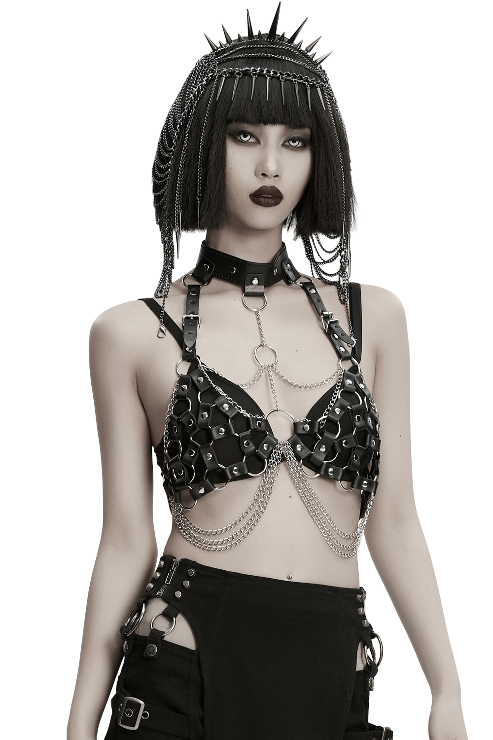 Punk Leather Chest Harness with Chains and Rings