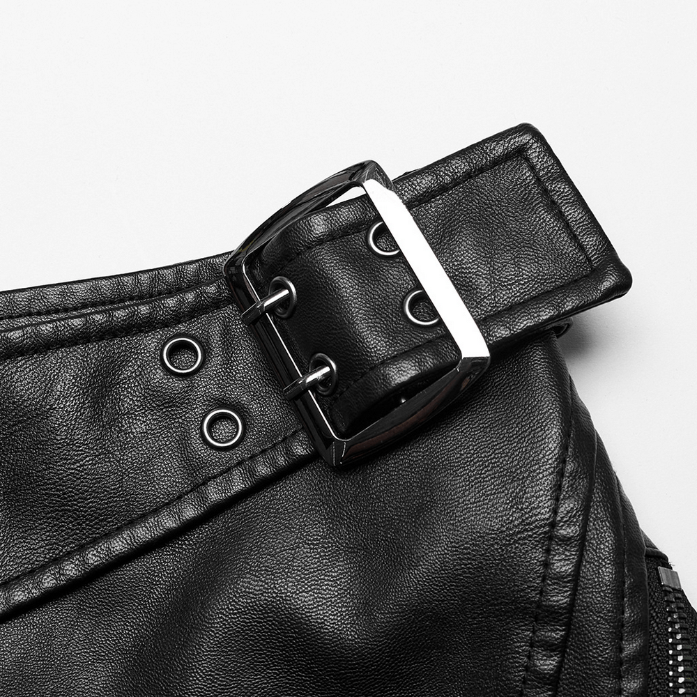 Punk Leather Mini Skirt with Mesh Panels and Side Buckle