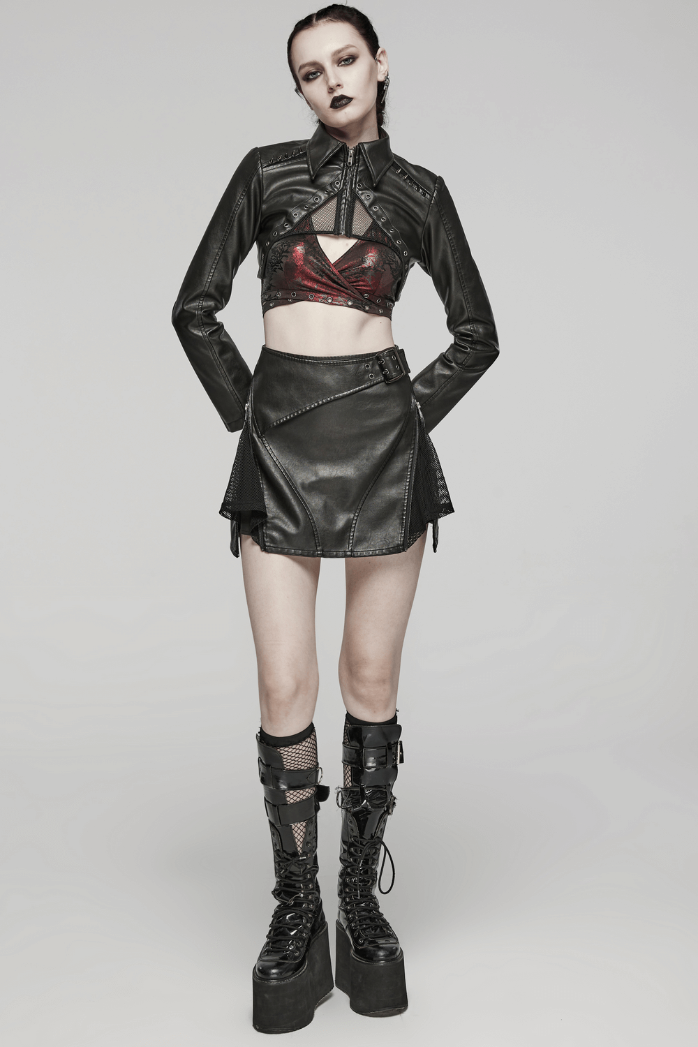 Punk Leather Mini Skirt with Mesh Panels and Side Buckle