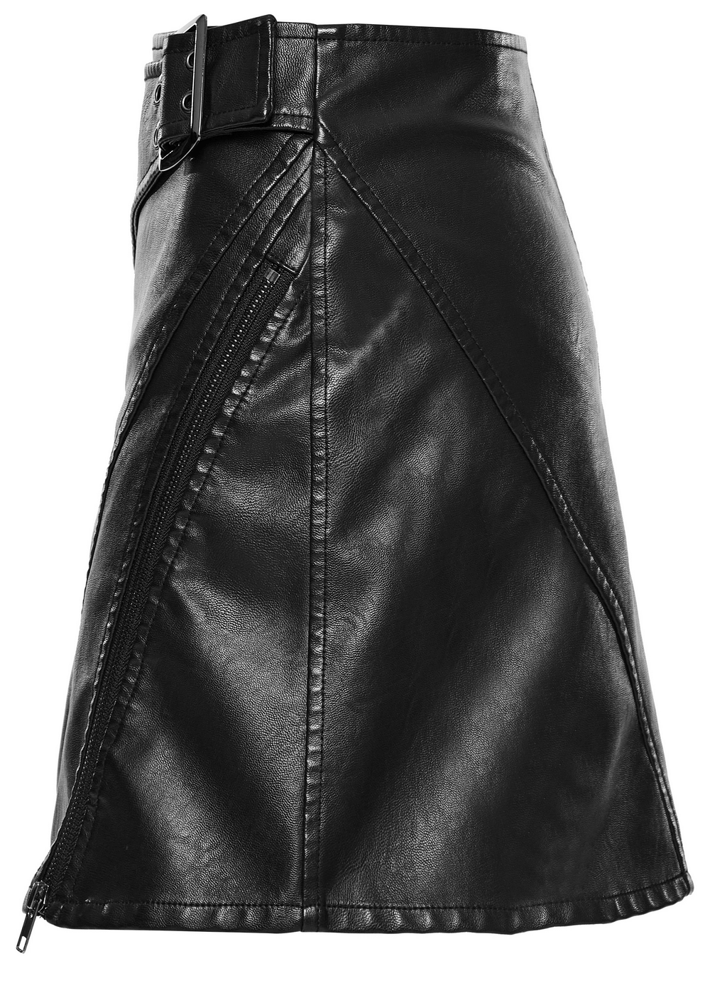 Punk Leather Mini Skirt with Mesh Panels and Side Buckle