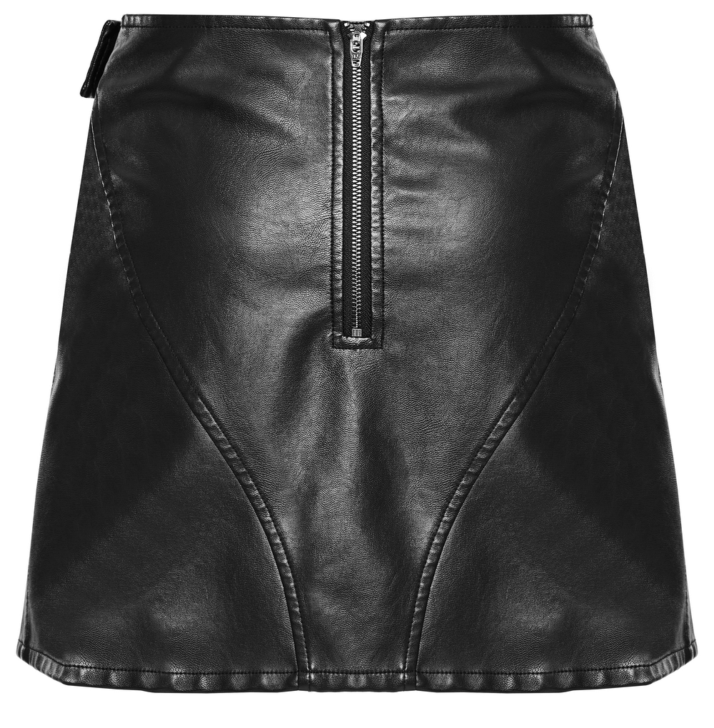 Punk Leather Mini Skirt with Mesh Panels and Side Buckle