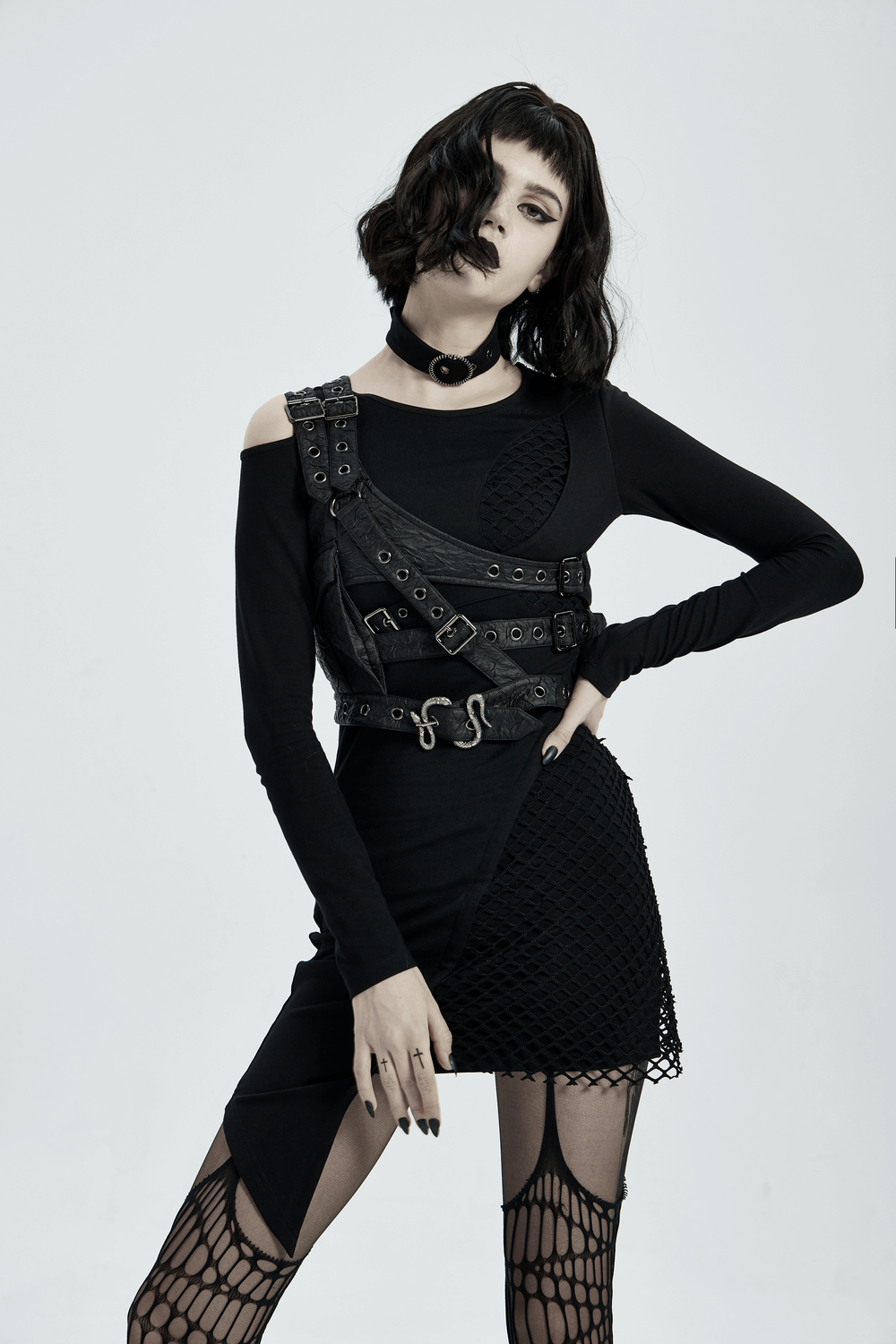 Punk Leather Shoulder Body Harness with Metal Accents