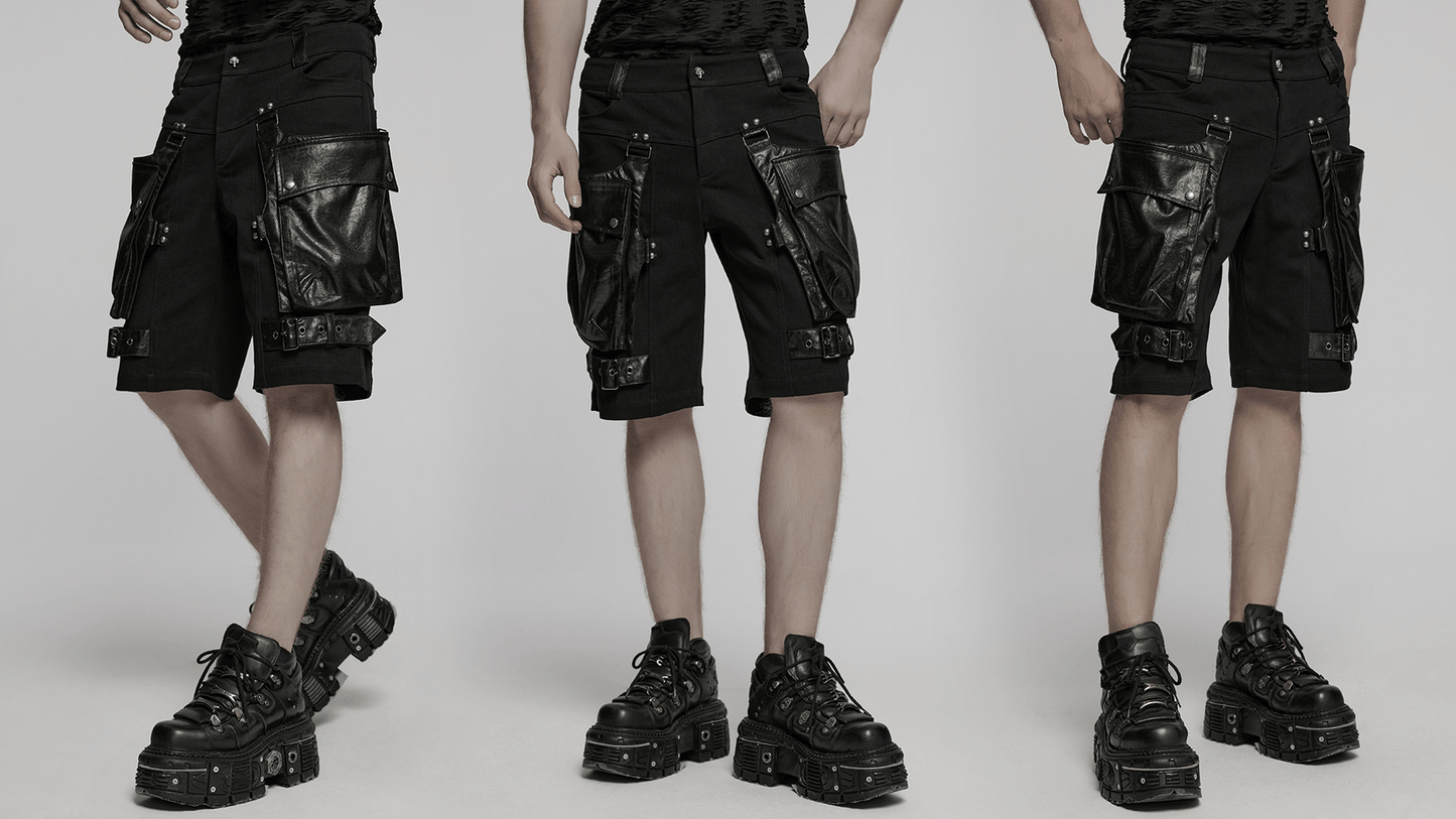 Punk Leather Trimmed Black Shorts with Oversized Pockets