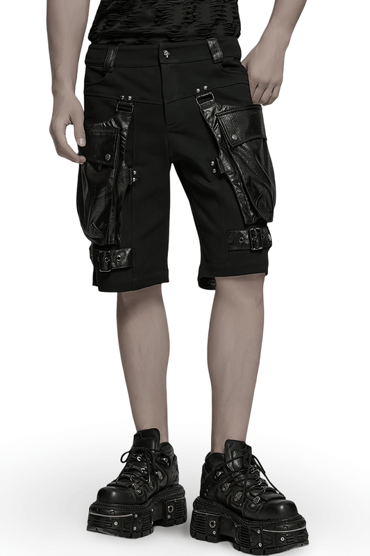 Punk Leather Trimmed Black Shorts with Oversized Pockets