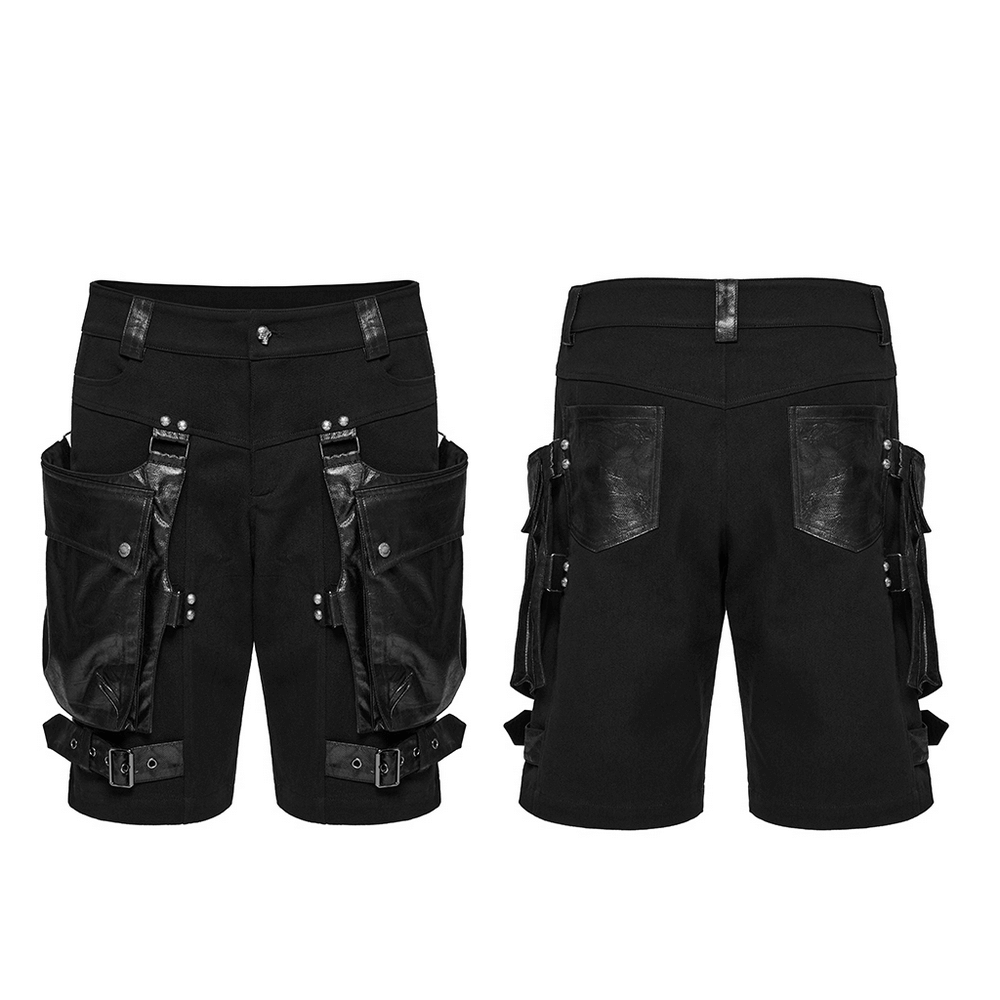 Punk Leather Trimmed Black Shorts with Oversized Pockets
