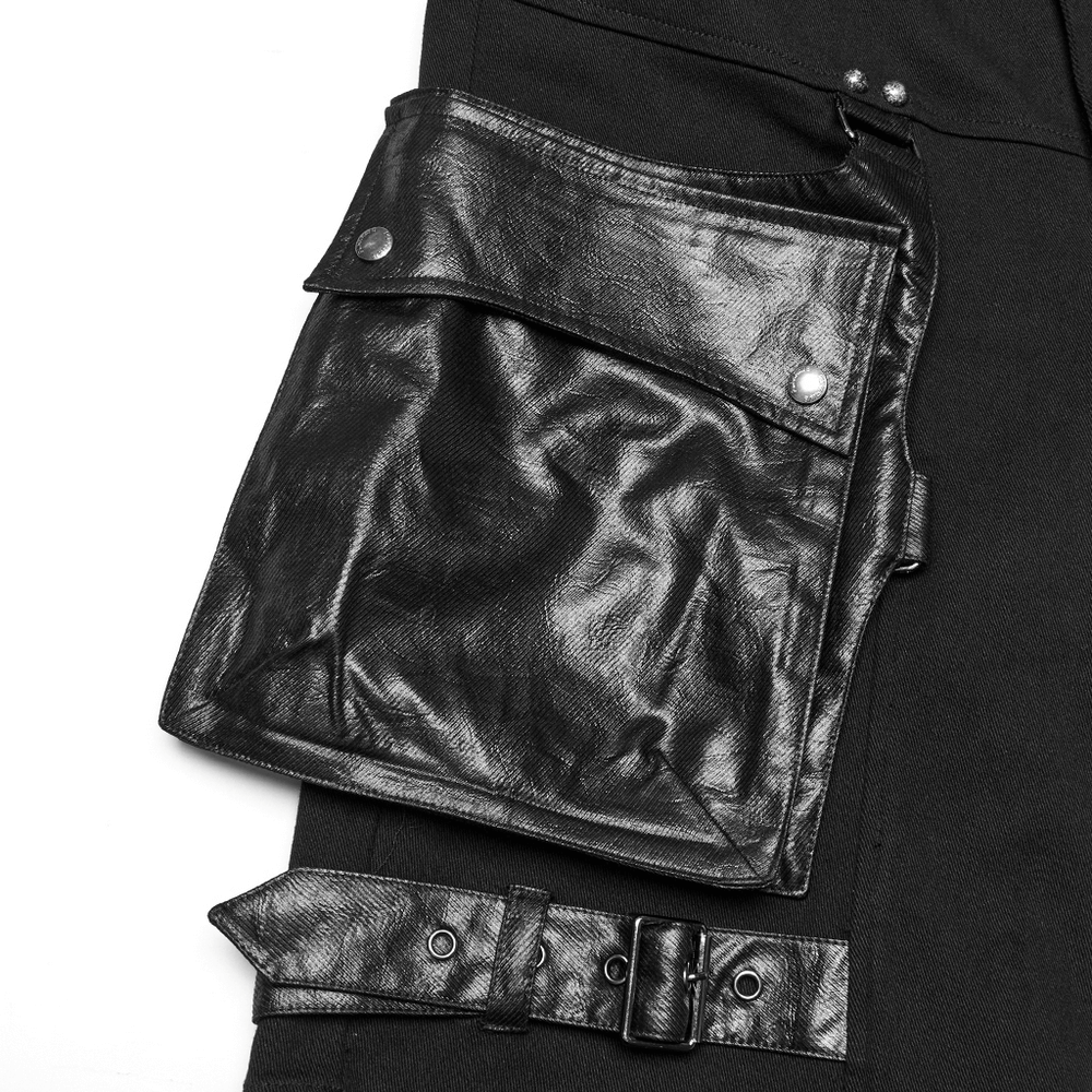 Punk Leather Trimmed Black Shorts with Oversized Pockets