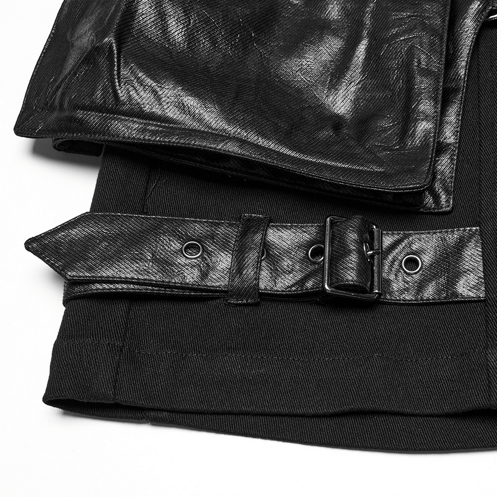 Punk Leather Trimmed Black Shorts with Oversized Pockets