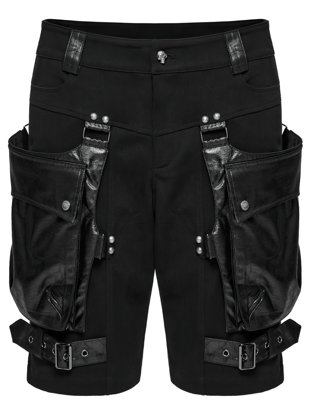 Punk Leather Trimmed Black Shorts with Oversized Pockets