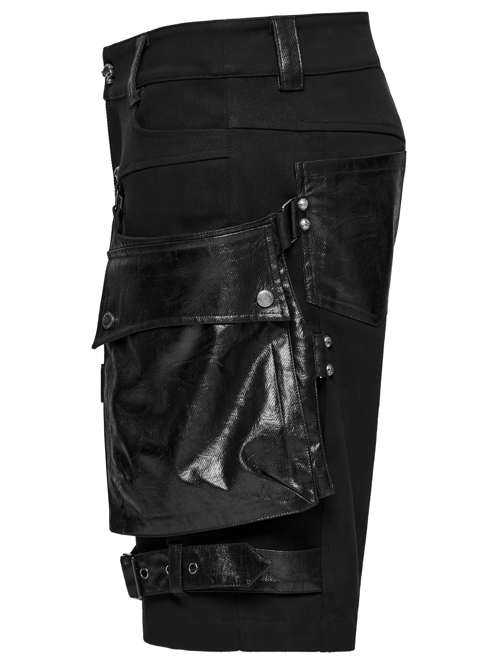 Punk Leather Trimmed Black Shorts with Oversized Pockets