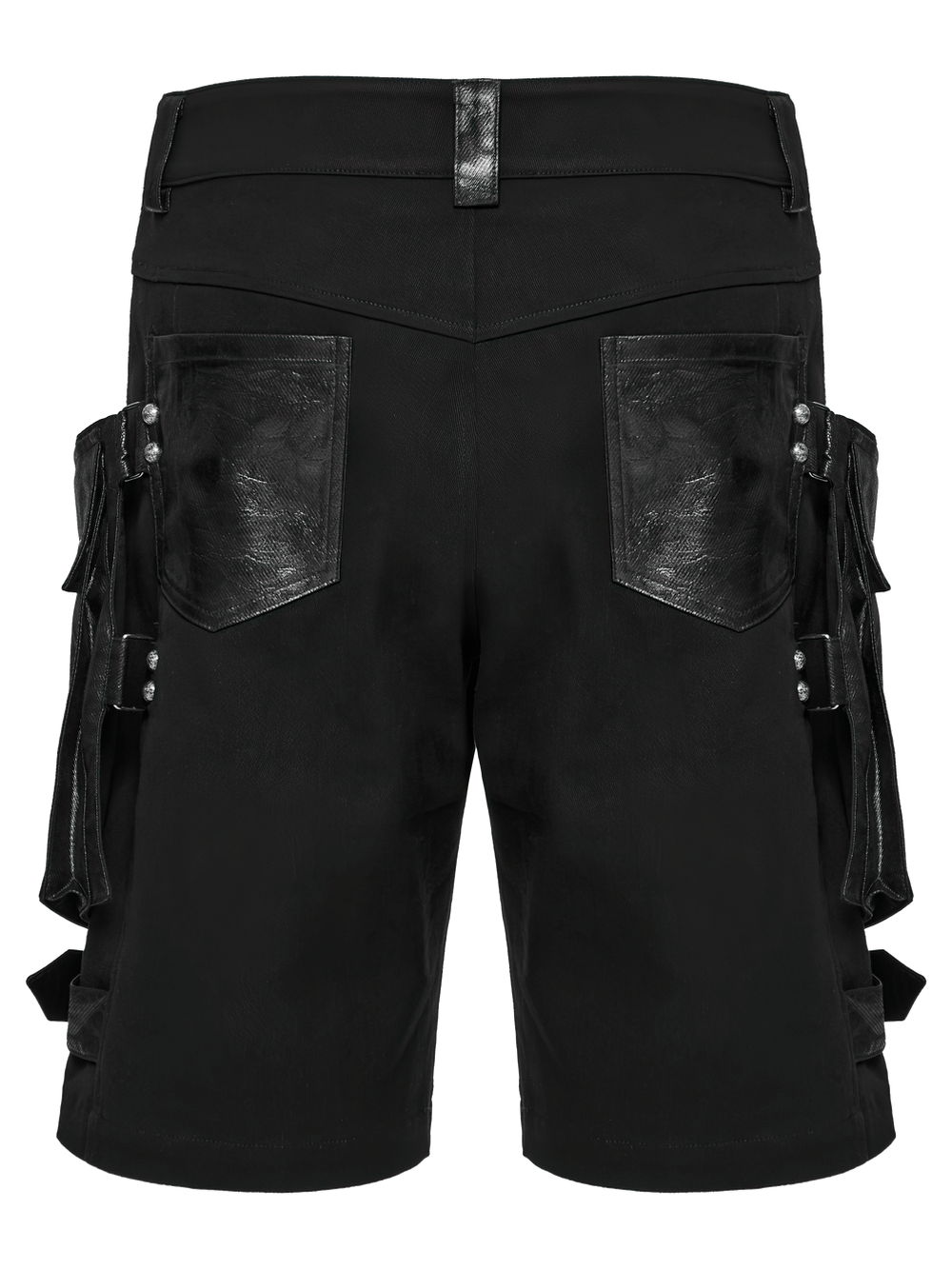 Punk Leather Trimmed Black Shorts with Oversized Pockets