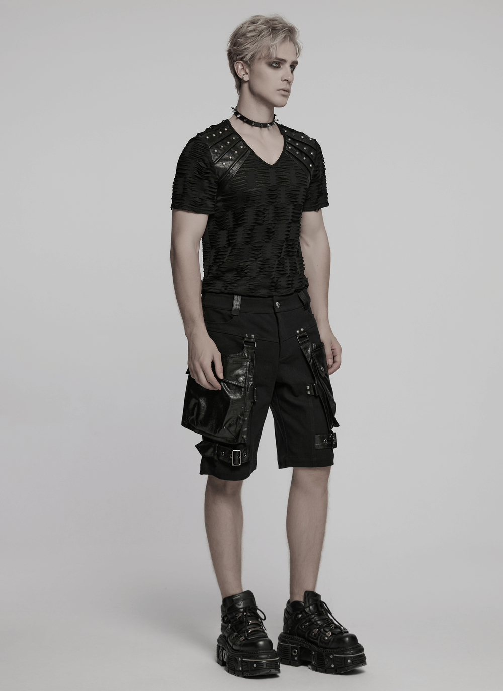 Punk Leather Trimmed Black Shorts with Oversized Pockets