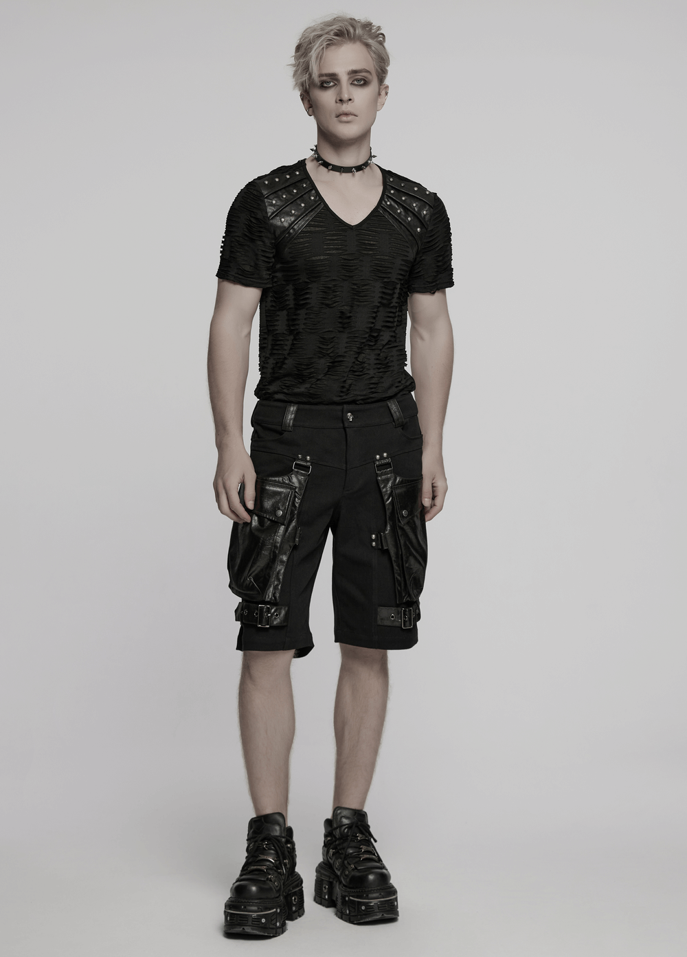 Punk Leather Trimmed Black Shorts with Oversized Pockets