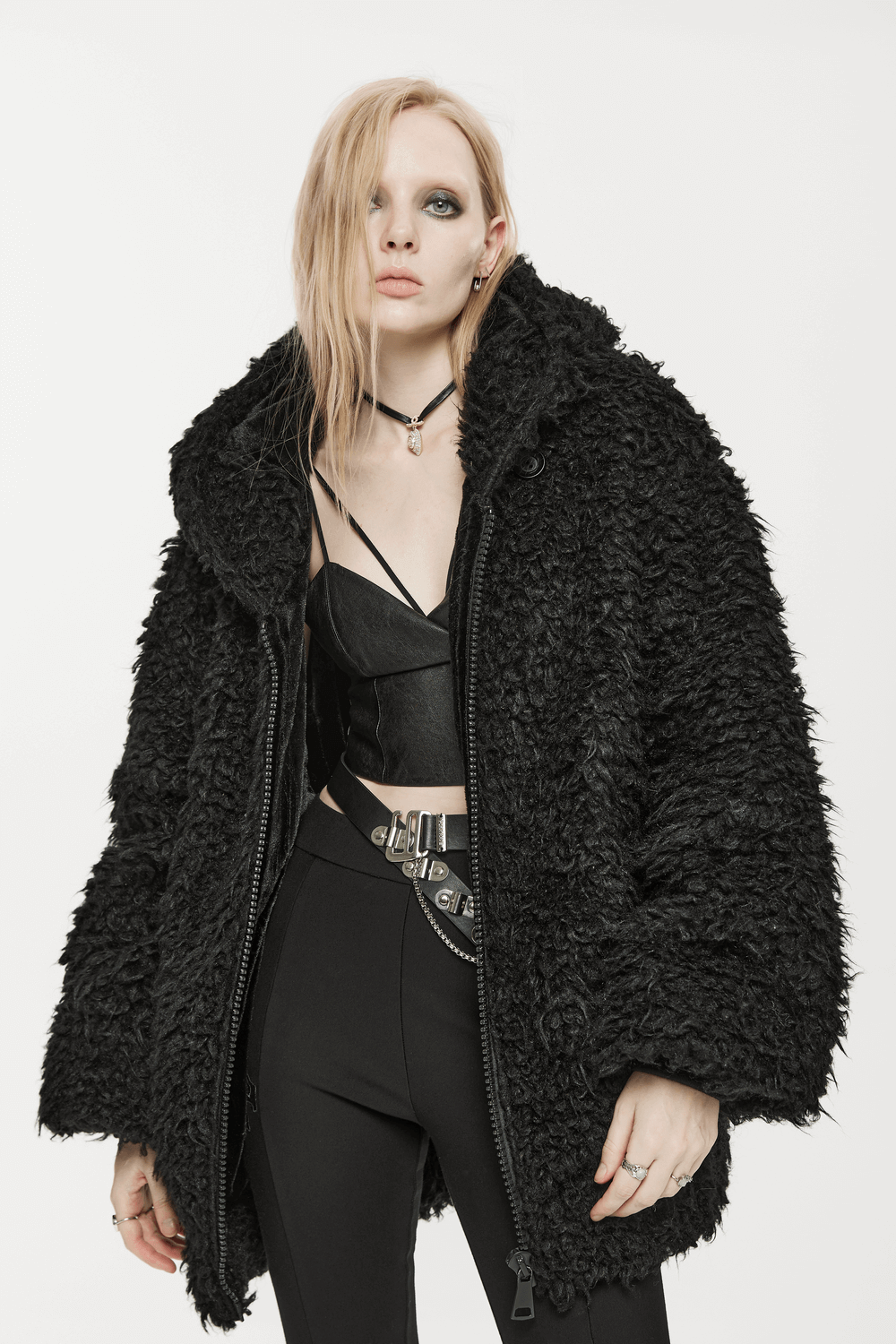 Punk Loose Mid-Length Hooded Split Jacket with Pockets