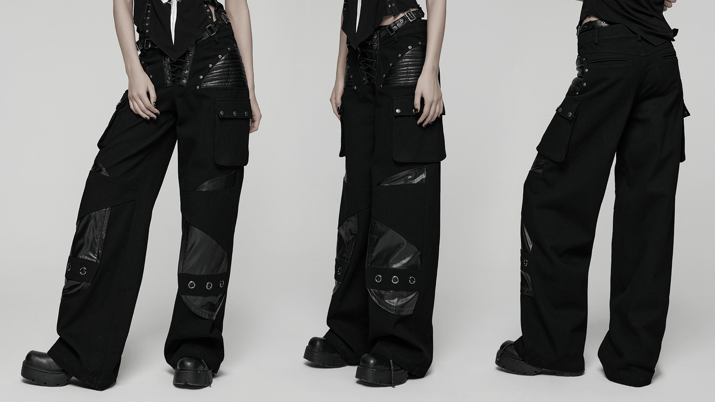 Punk Low-Waist Wide-Leg Pants with Belt and Pockets