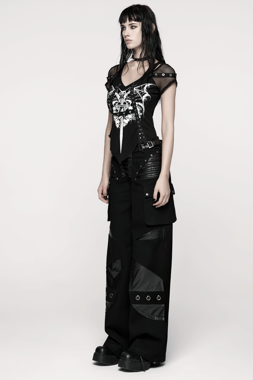 Punk Low-Waist Wide-Leg Pants with Belt and Pockets