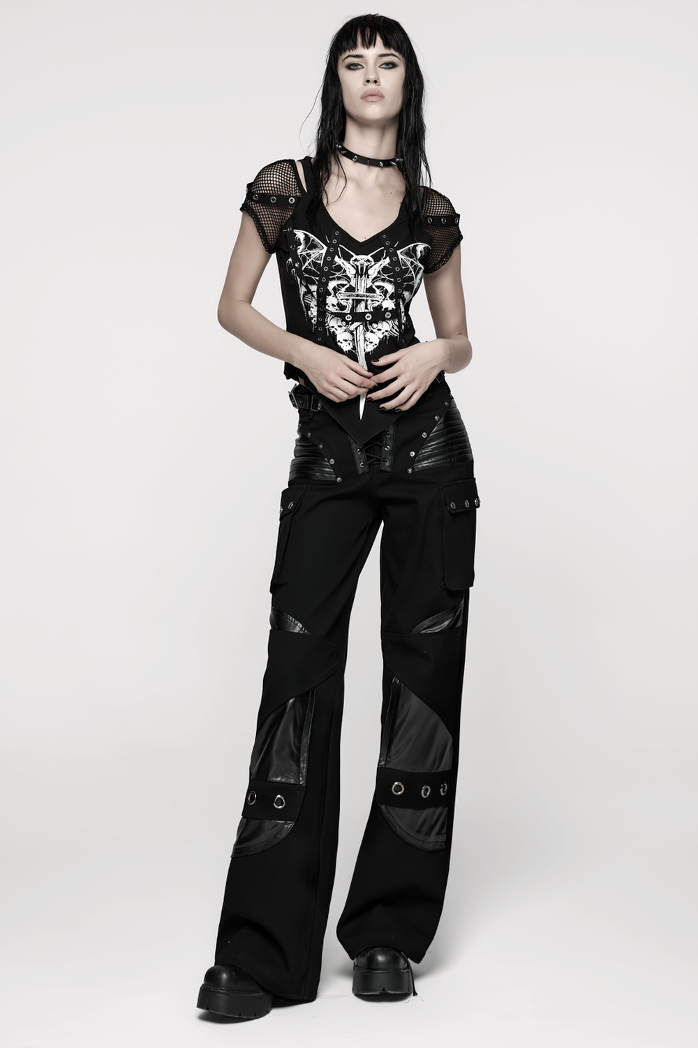 Punk Low-Waist Wide-Leg Pants with Belt and Pockets
