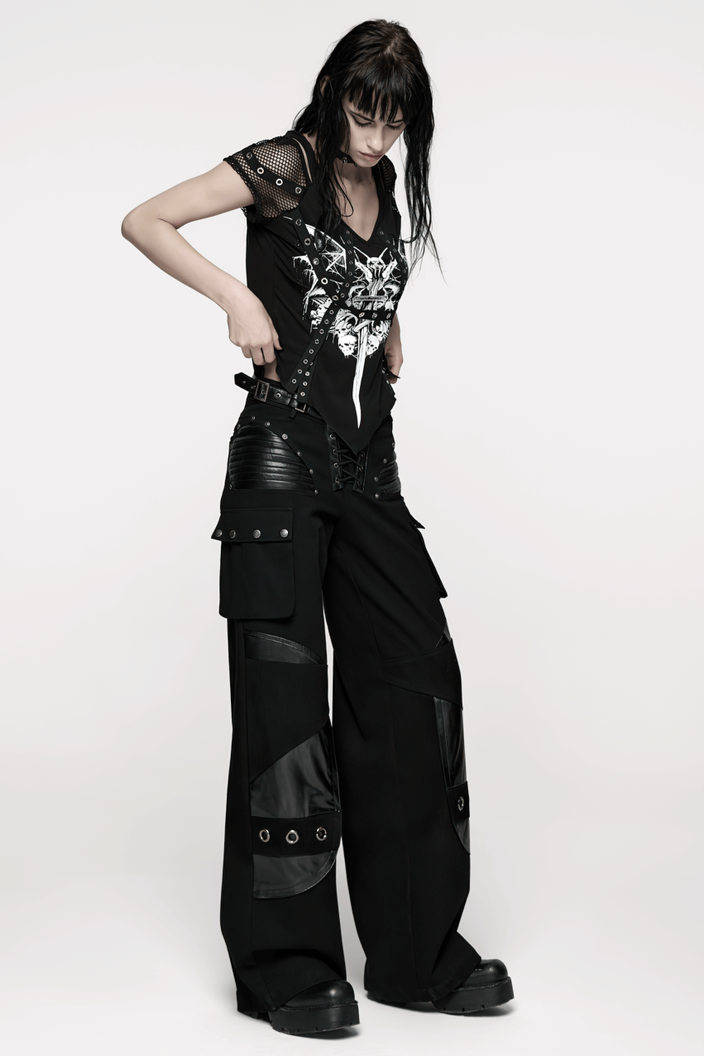 Punk Low-Waist Wide-Leg Pants with Belt and Pockets