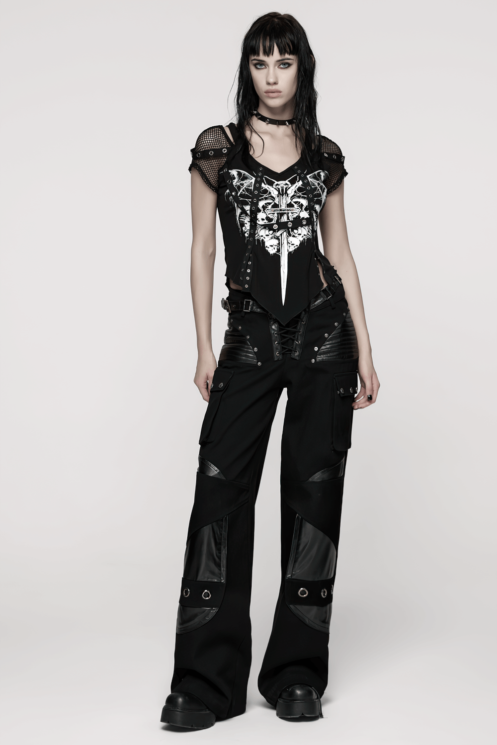 Punk Low-Waist Wide-Leg Pants with Belt and Pockets
