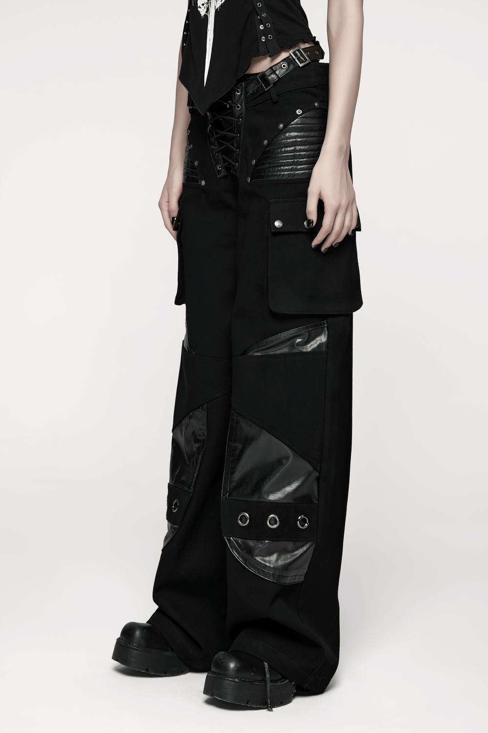 Punk Low-Waist Wide-Leg Pants with Belt and Pockets