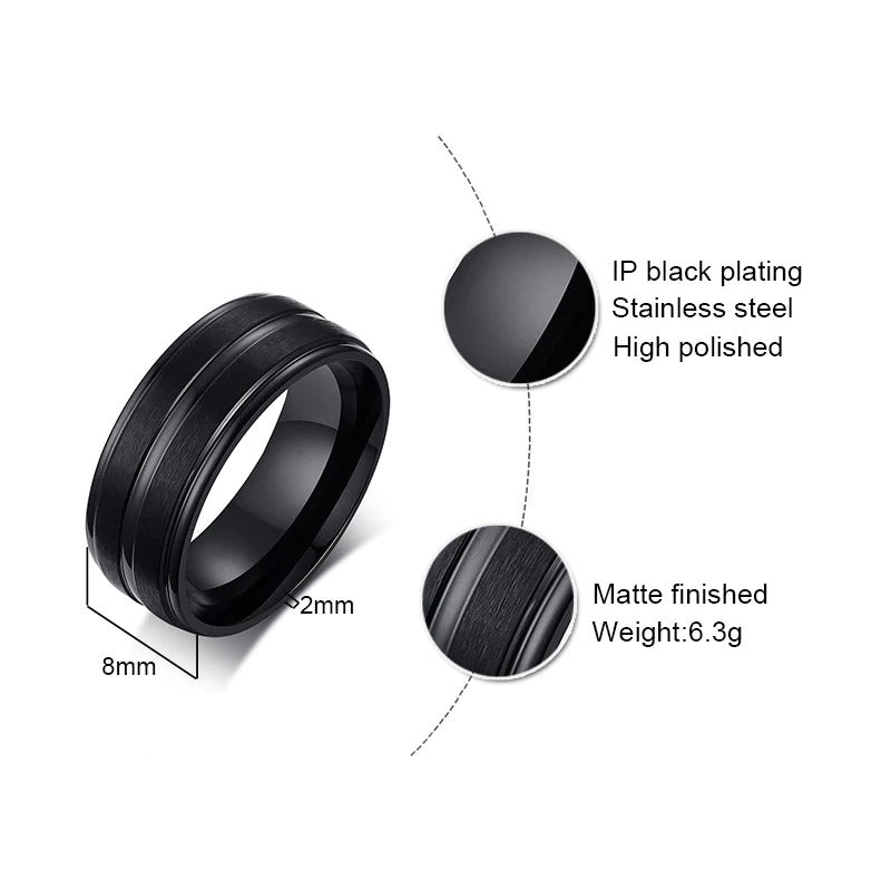 Punk Matte Stainless Steel Ring with Groove / Black Men's Jewelry / Rave outfits