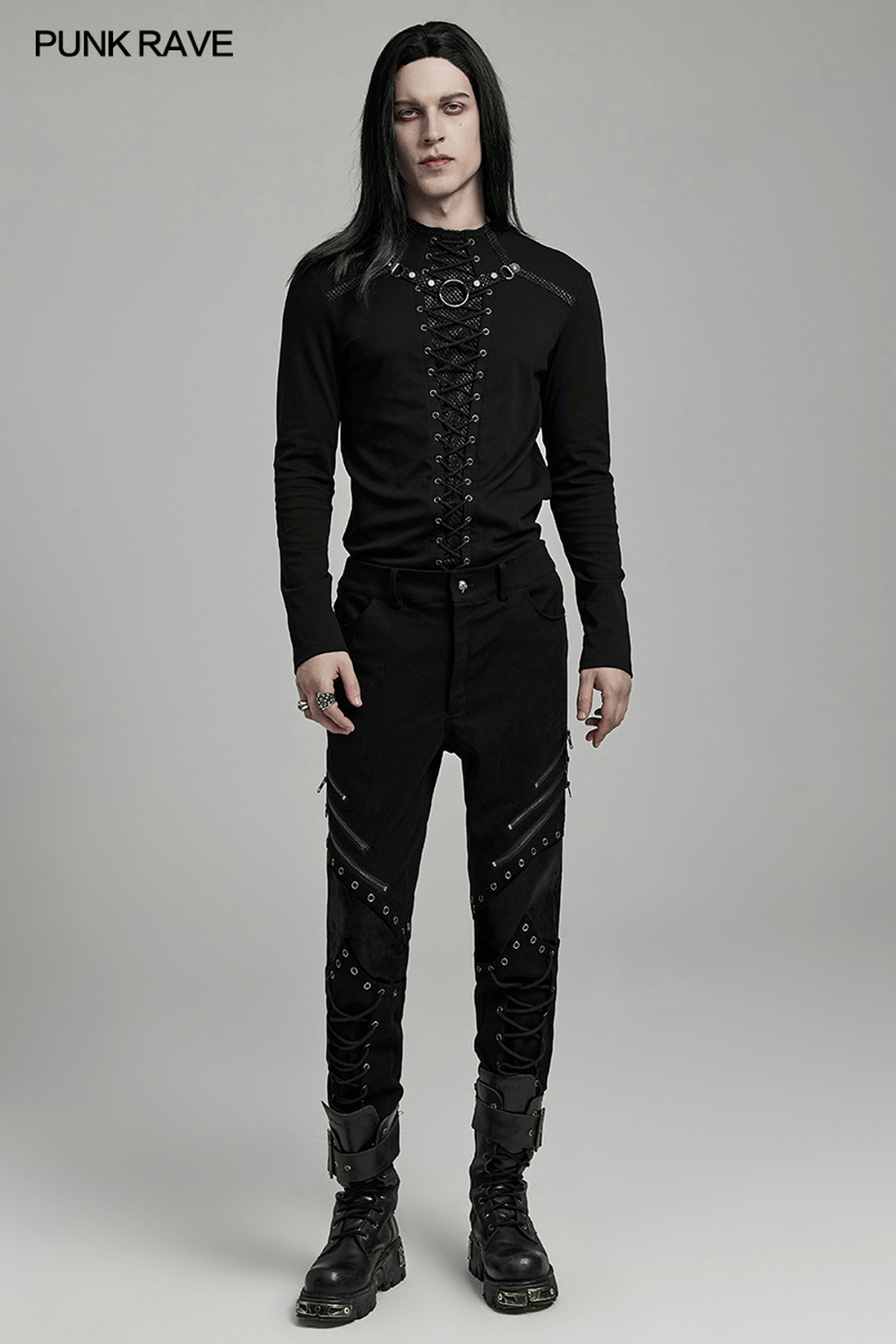 Punk Men's Black Twill Pants with Zippers and Eyelets