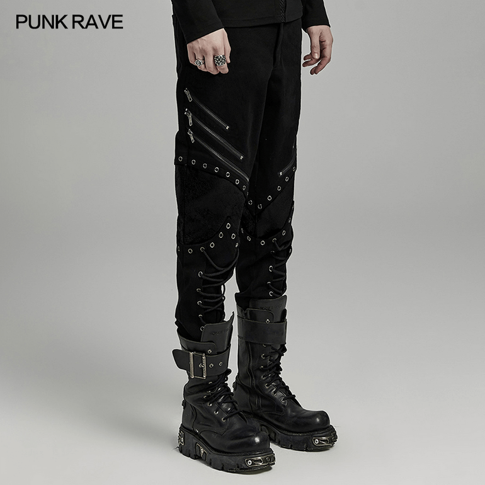 Punk Men's Black Twill Pants with Zippers and Eyelets