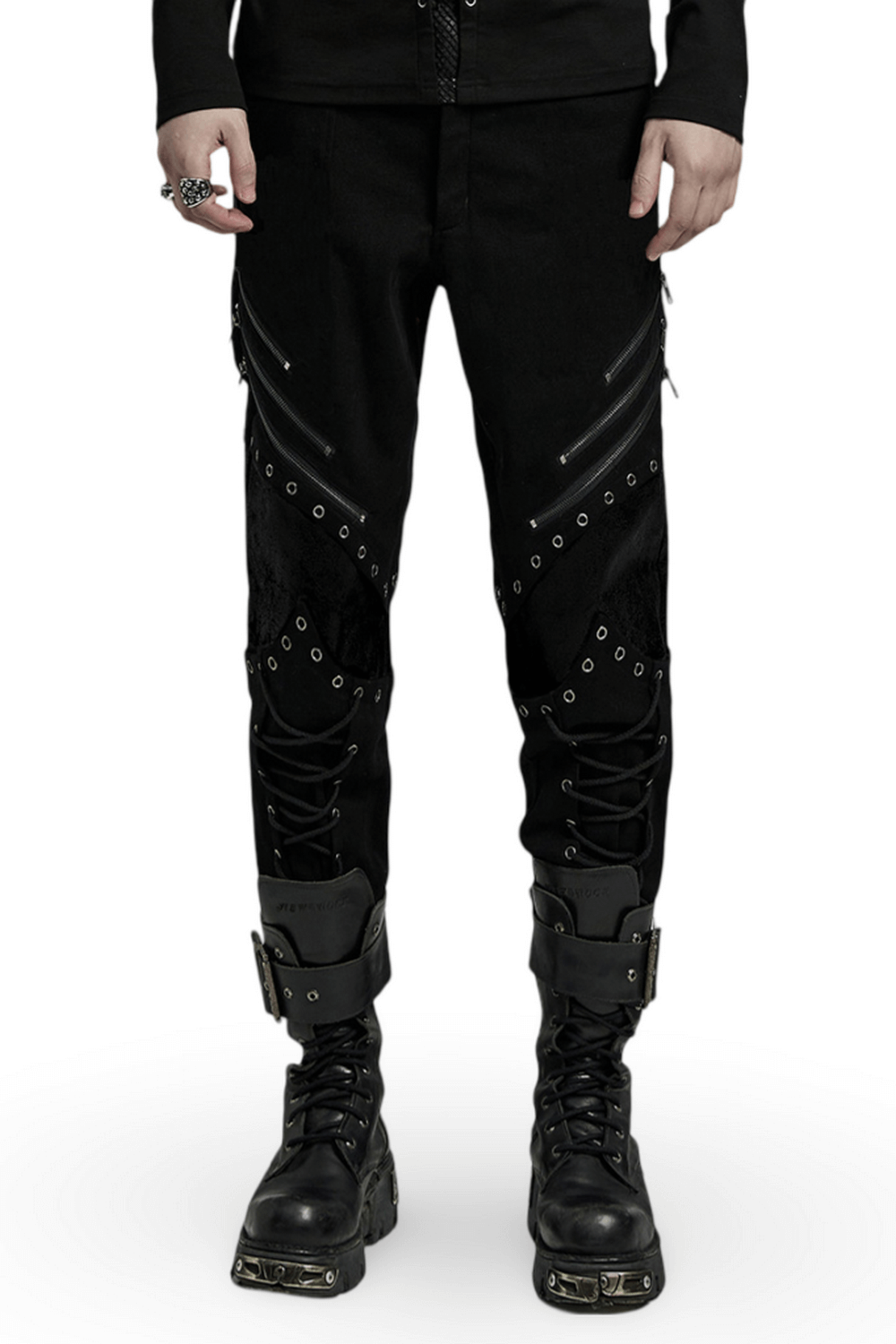 Punk Men's Black Twill Pants with Zippers and Eyelets