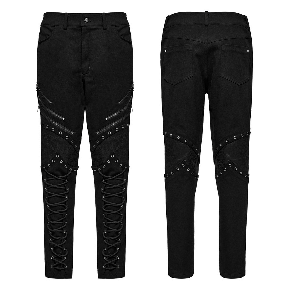 Punk Men's Black Twill Pants with Zippers and Eyelets