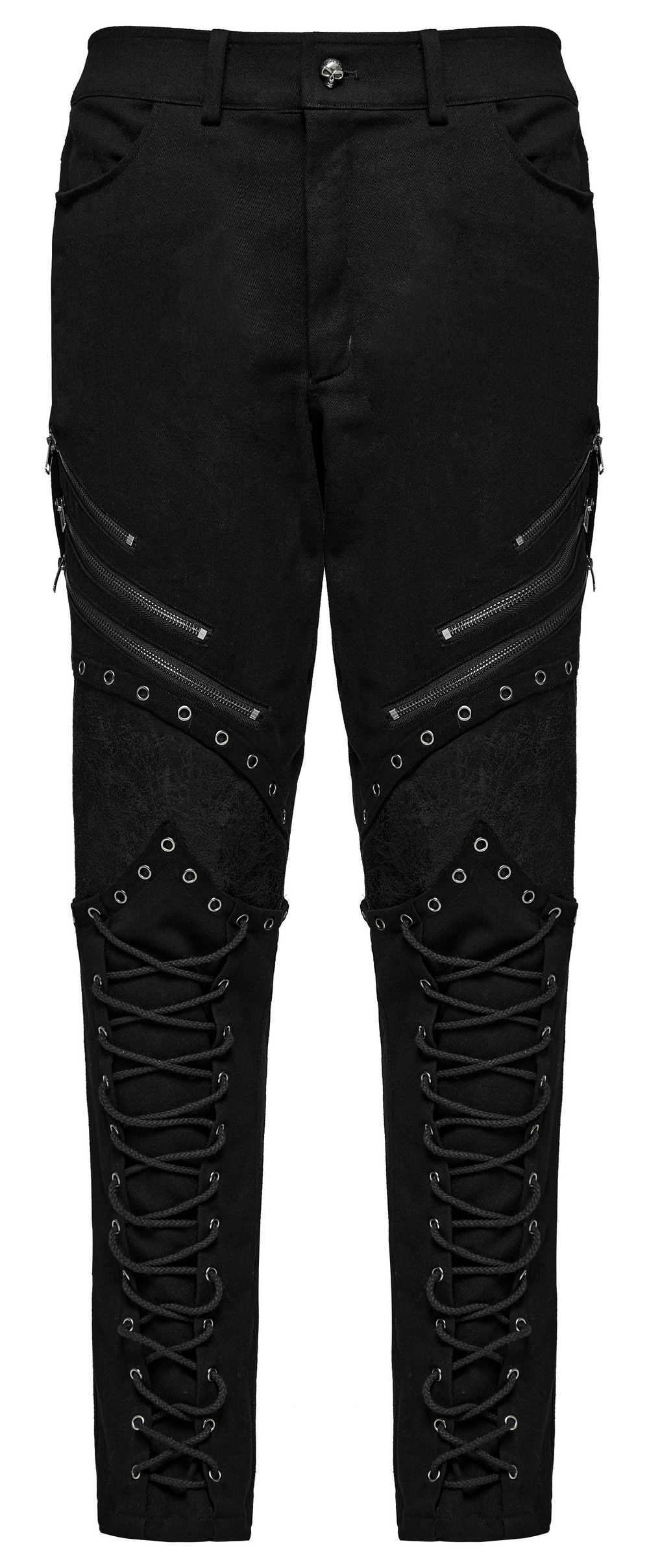 Punk Men's Black Twill Pants with Zippers and Eyelets