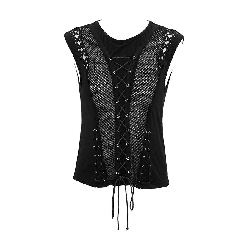 Punk Men's Cotton Tank Top With Drawstring & Mesh / Gothic Black Sleeveless O Neck T Shirt