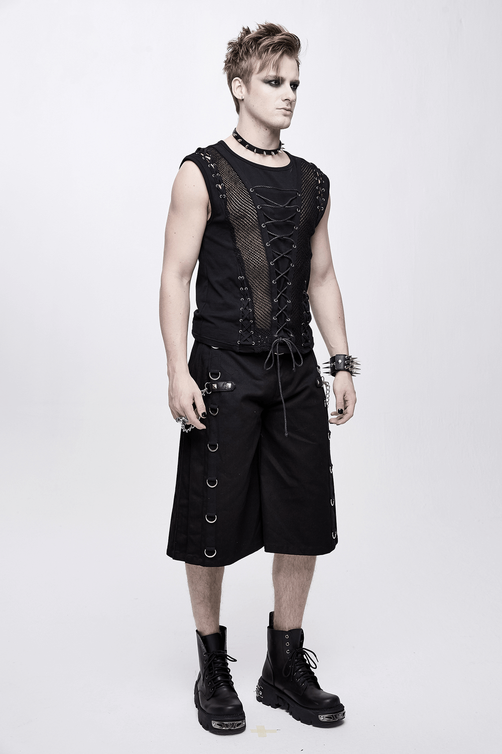 Punk Men's Cotton Tank Top With Drawstring & Mesh / Gothic Black Sleeveless O Neck T Shirt