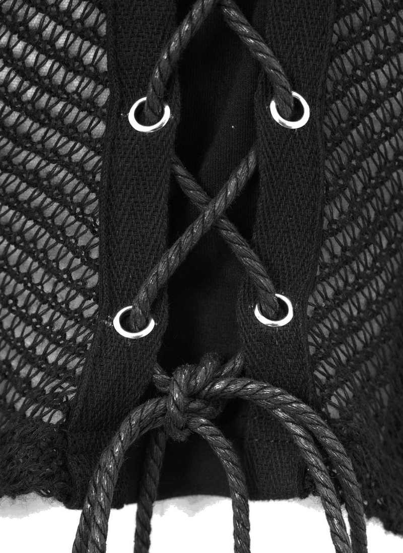 Punk Men's Cotton Tank Top With Drawstring & Mesh / Gothic Black Sleeveless O Neck T Shirt