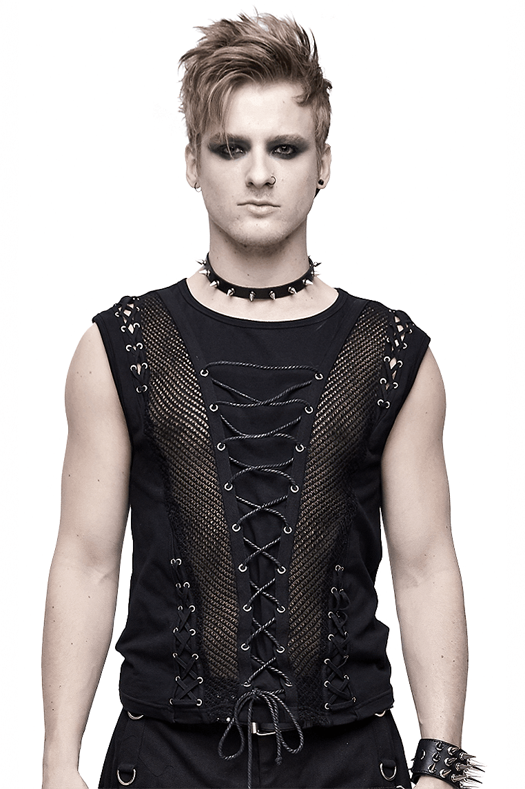 Punk Men's Cotton Tank Top With Drawstring & Mesh / Gothic Black Sleeveless O Neck T Shirt