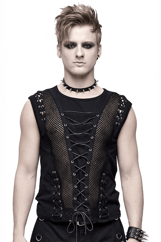 Punk Men's Cotton Tank Top With Drawstring & Mesh / Gothic Black Sleeveless O Neck T Shirt