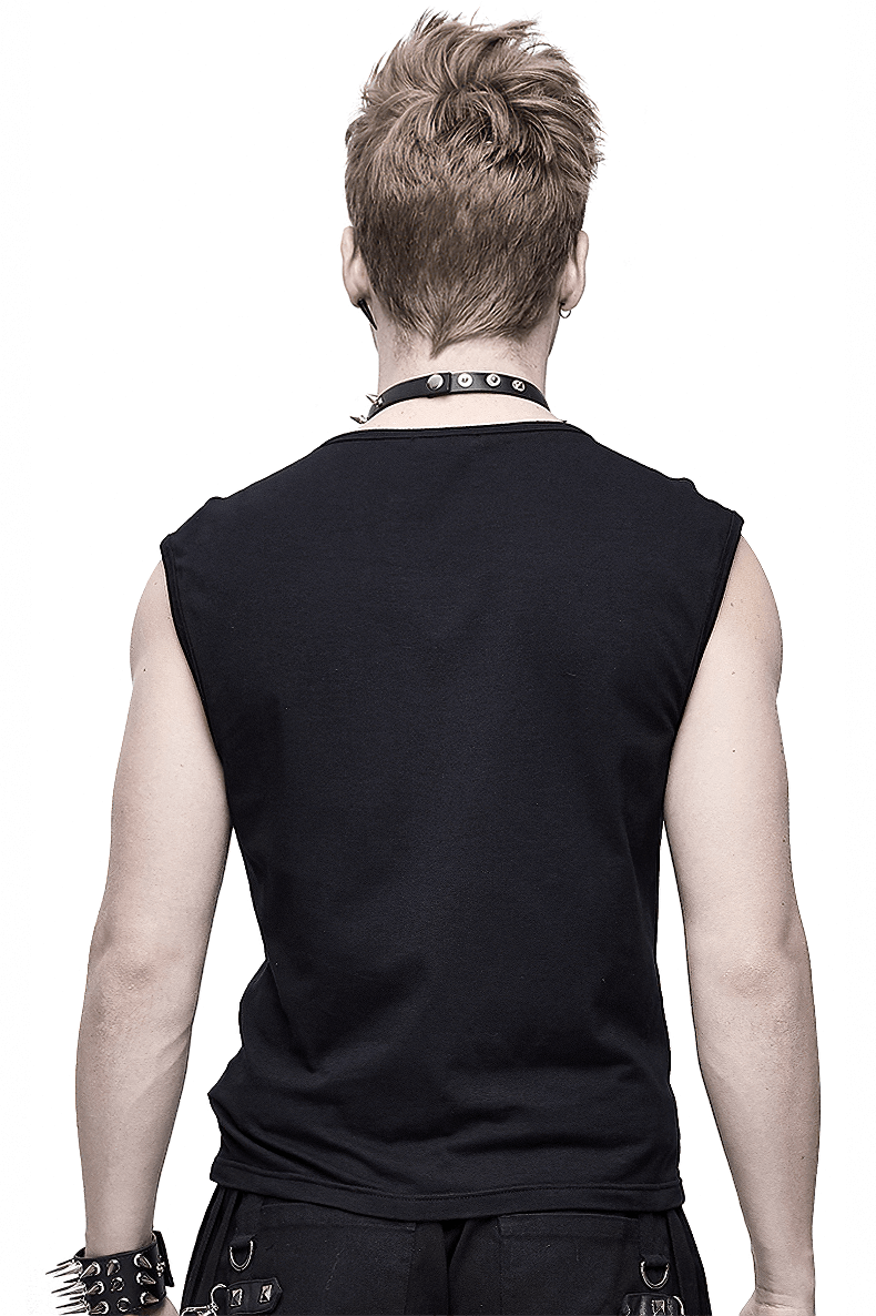 Punk Men's Cotton Tank Top With Drawstring & Mesh / Gothic Black Sleeveless O Neck T Shirt