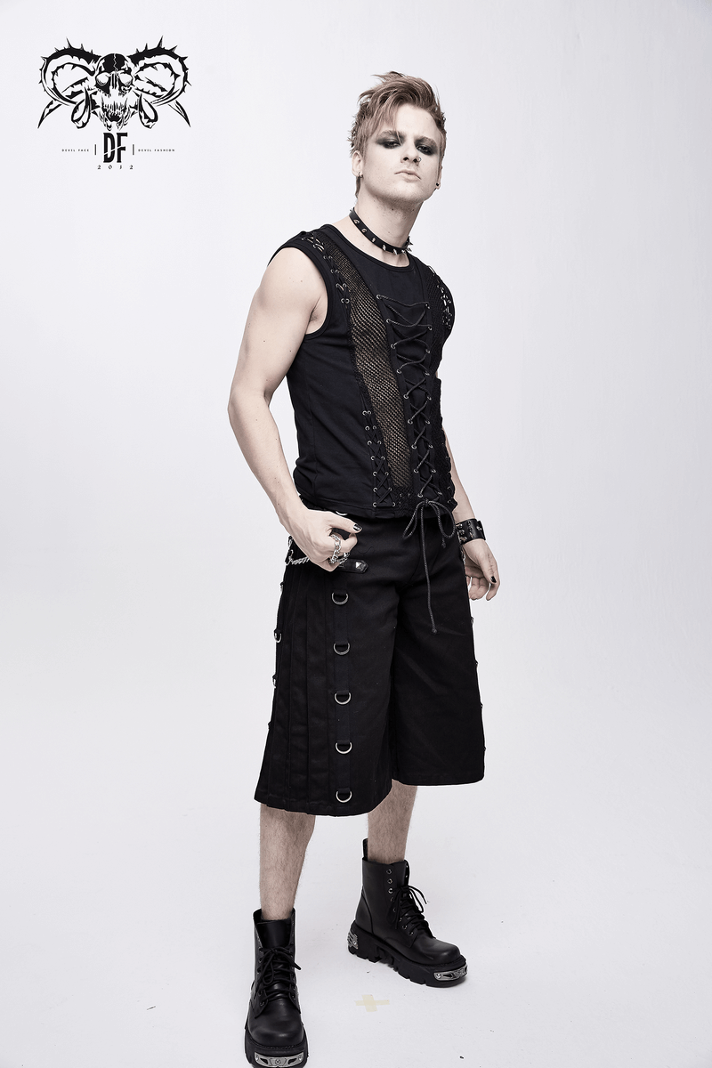 Punk Men's Cotton Tank Top With Drawstring & Mesh / Gothic Black Sleeveless O Neck T Shirt