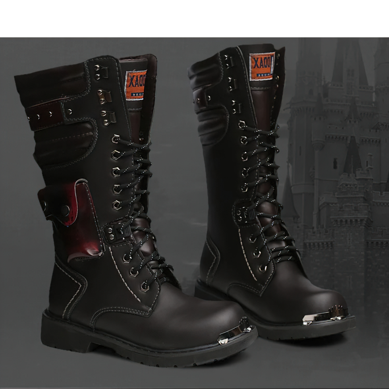 Punk Men's Leather Boots with Pocket / Lace up Motorcycle Knee-High Boots